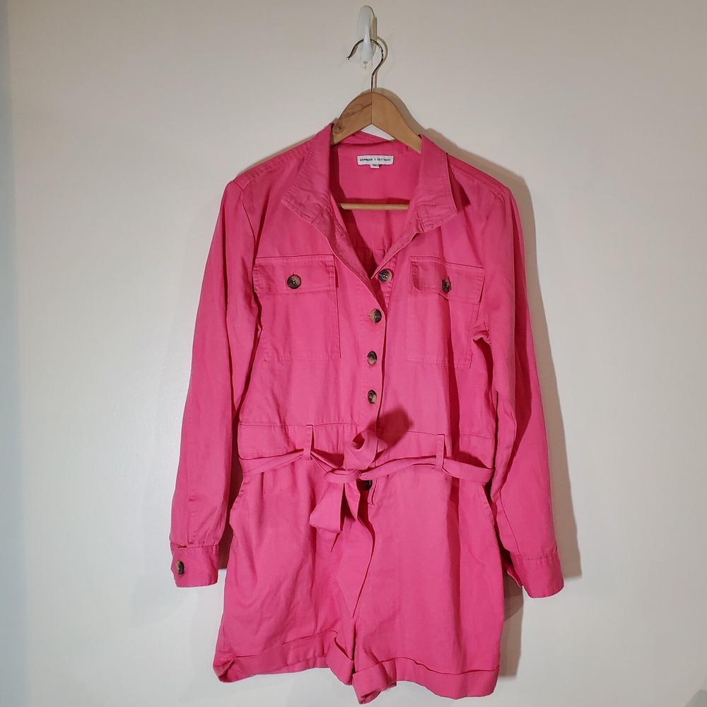 Express x Rocky Barnes Hot Pink Utility Romper Denim Long Sleeve Size M Dec 2018